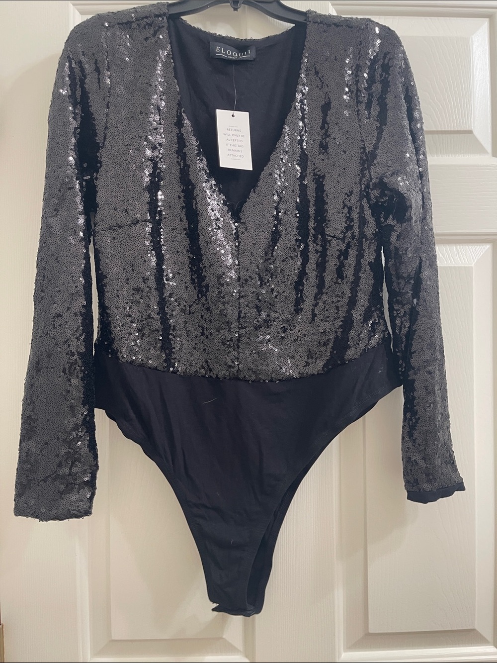 Eloquii Black Sequined V-Neck Long Sleeve Bodysuit